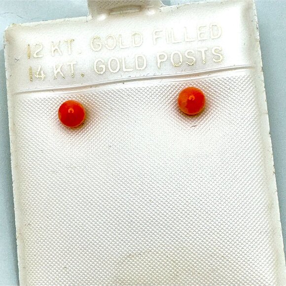 Genuine Coral Stud Earrings 12Kt Gold Filled & 14Kt Gold Posts Vintage Gift - Picture 6 of 6